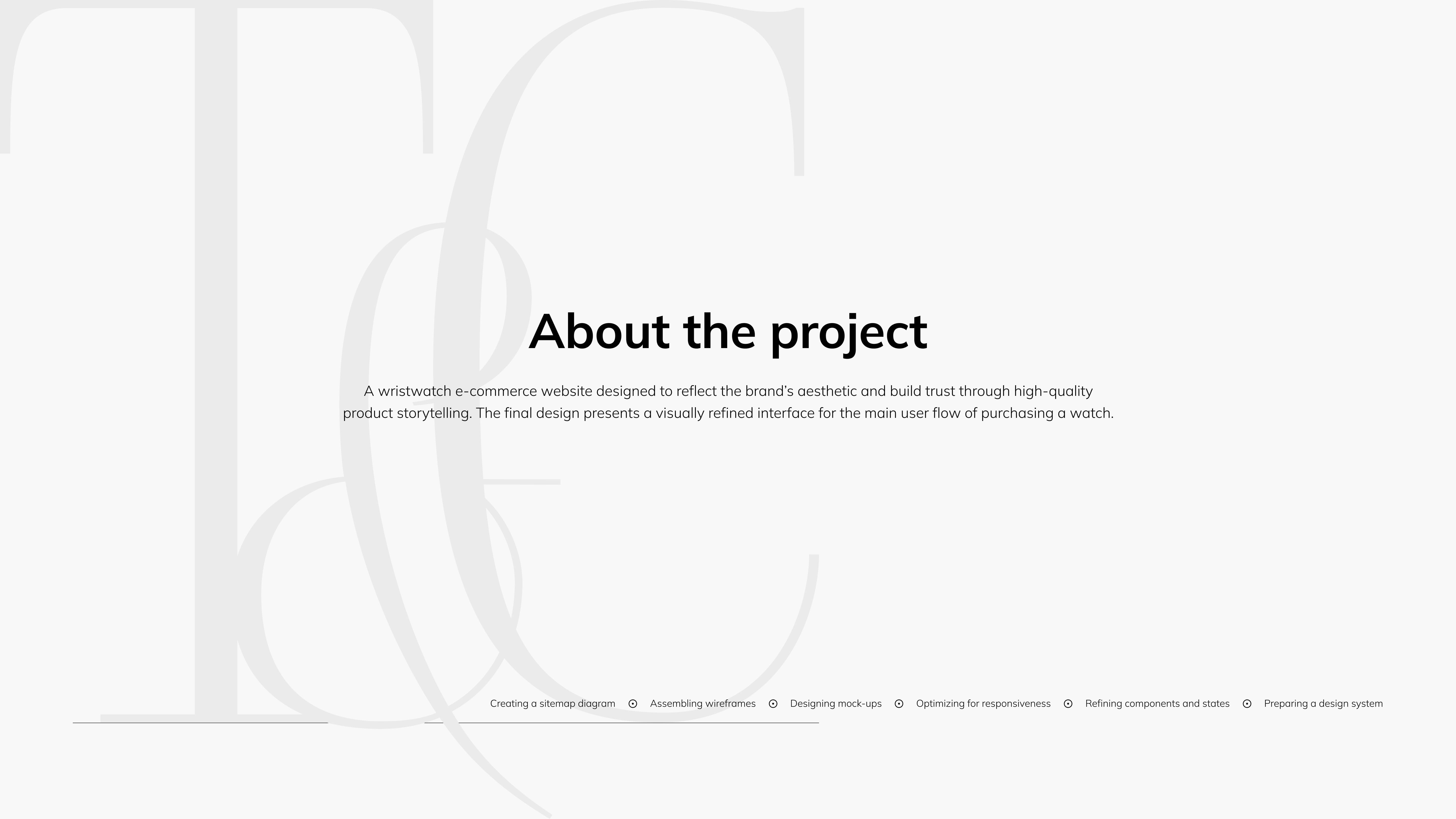 Minimalist presentation slide with the heading 'About the project' in bold black text. Background features faint oversized logo letters 'T&C' in light gray.