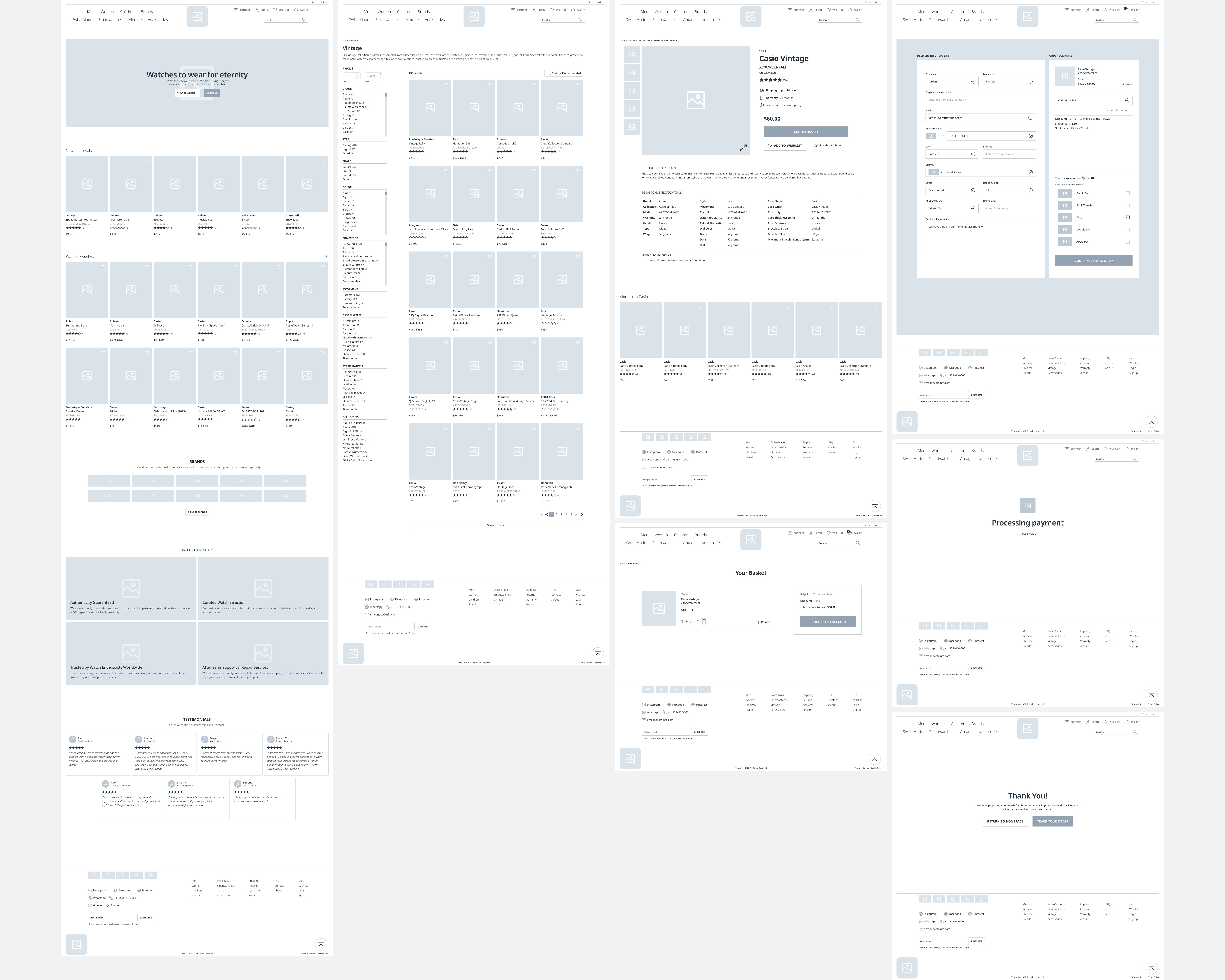 Website wireframe displays multiple pages with grids and placeholders for images and text. Layout suggests a clean, organized design for content.