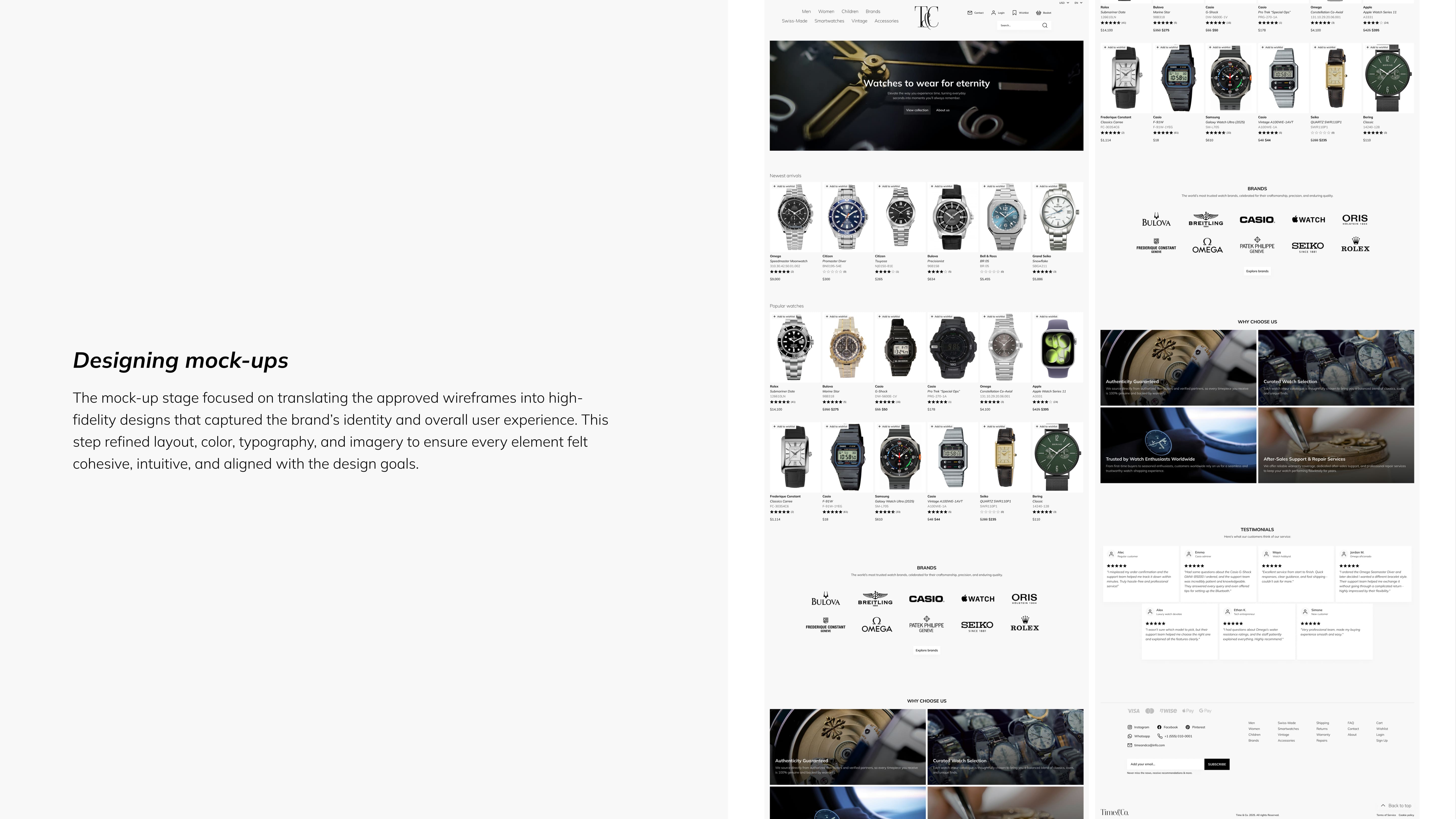 The left side features text discussing mock-up design. The right side shows a homepage mock-up, reflecting sophistication and modernity.