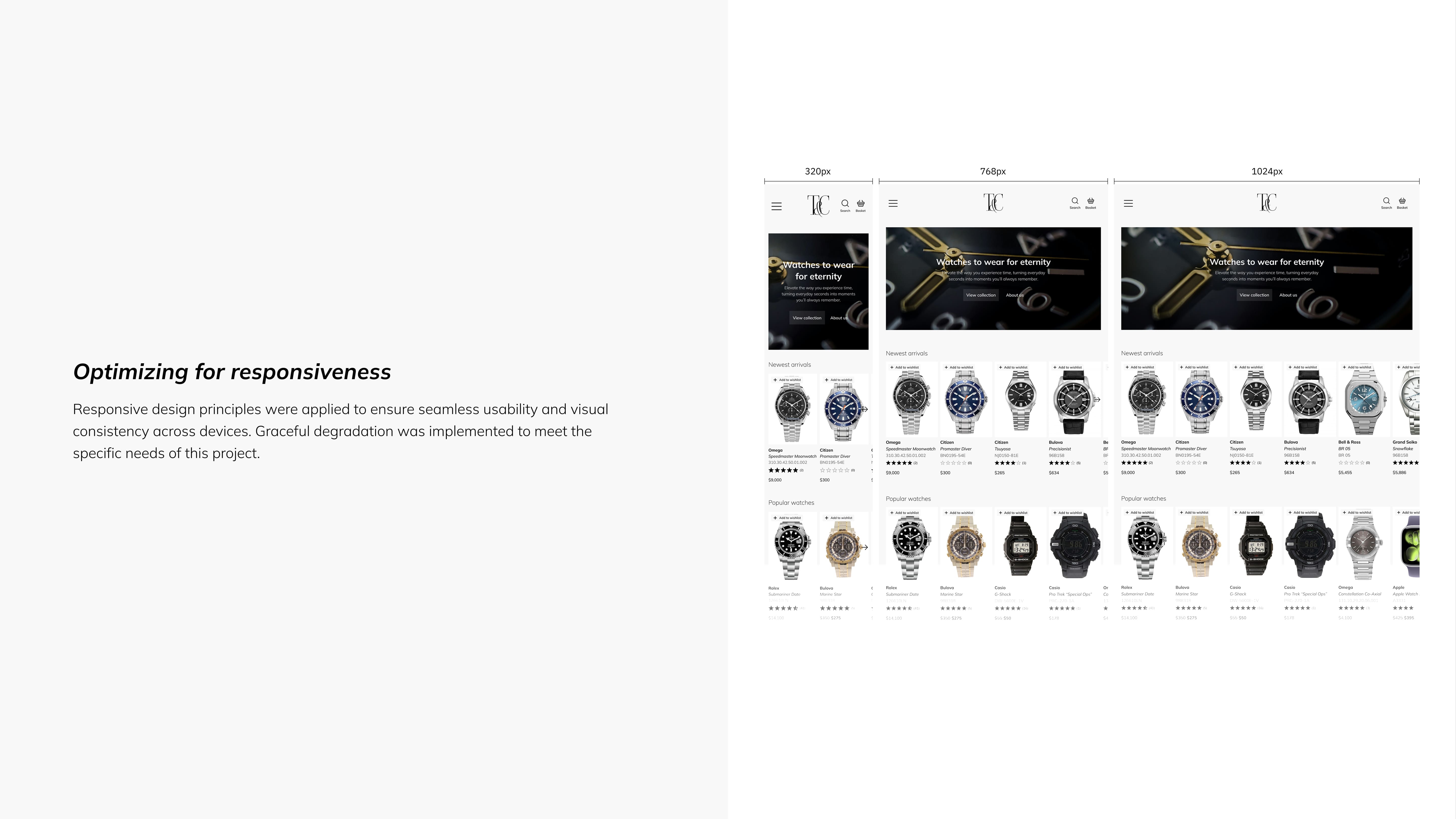 A slide titled 'Optimizing for Responsiveness' showcases a web design for a watch store. It displays how the site adapts to different screen sizes: mobile, tablet, and desktop, emphasizing smooth user experience. Watches are neatly arranged in rows, highlighting responsive design implementation.