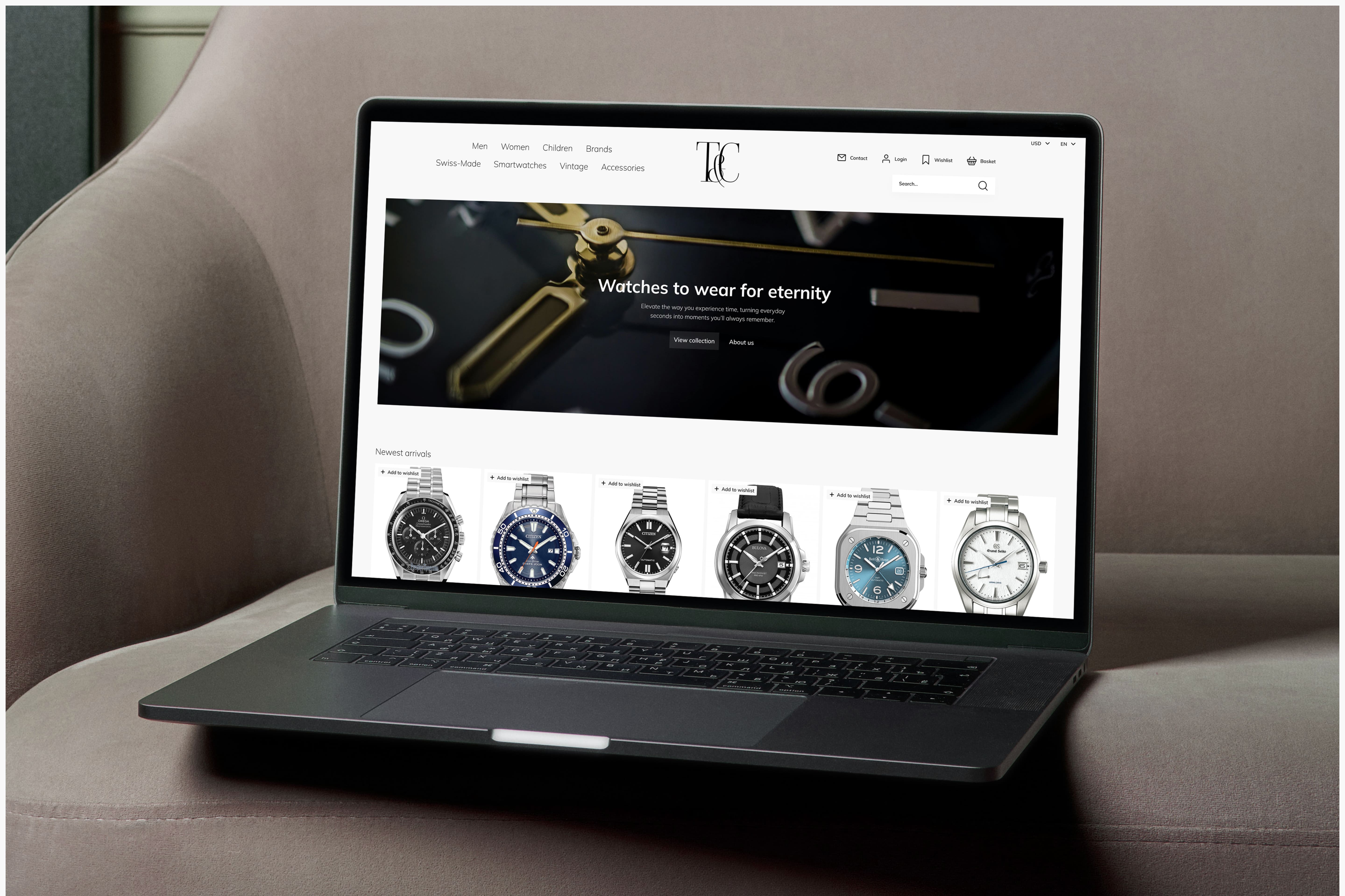 Laptop displaying an e-commerce wristwatch website on a beige couch. The screen shows luxury watches with a headline reading - Watches to wear for eternity.