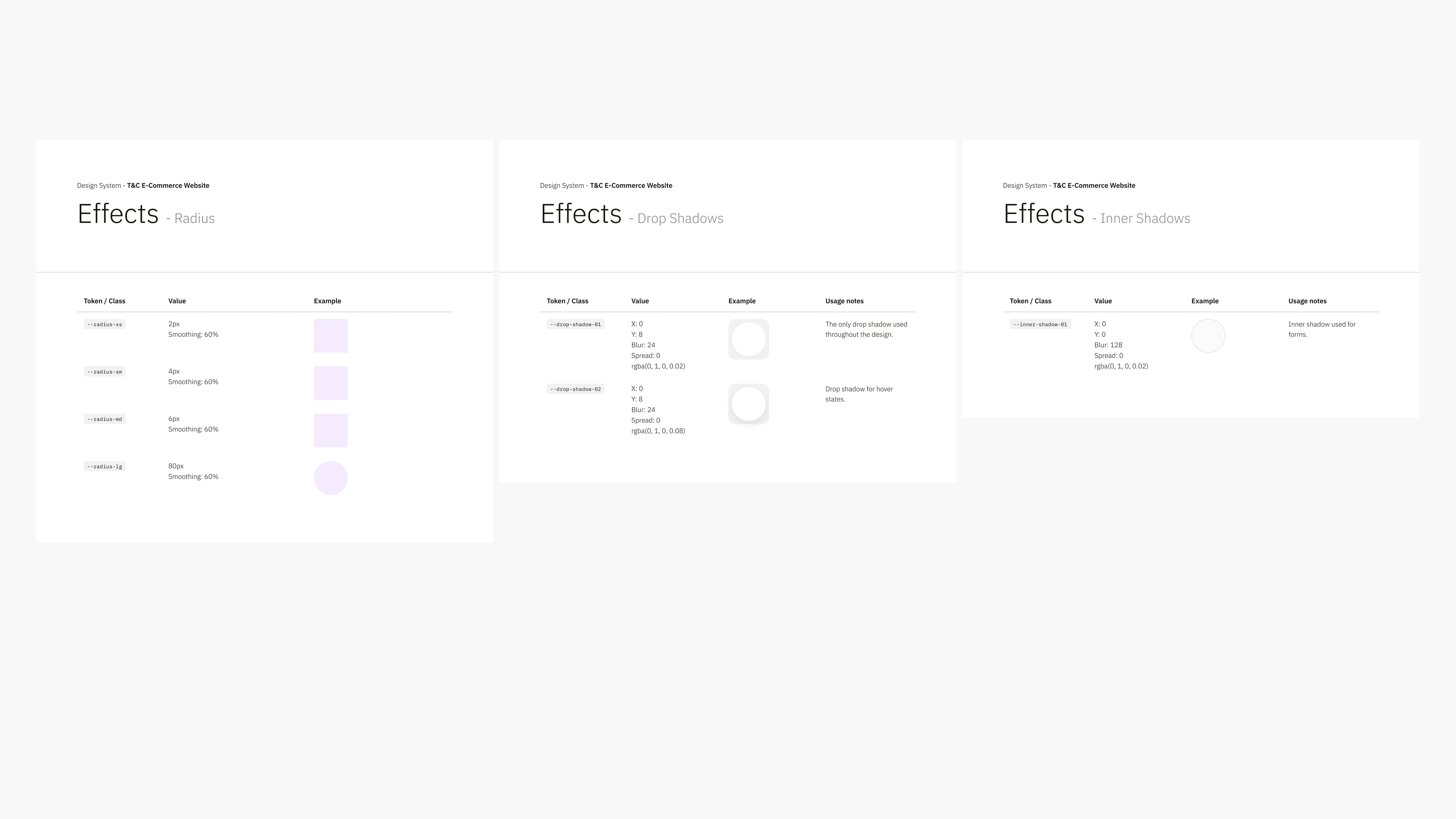 Image displays three tables titled 'Effects' with subcategories: Radius, Drop Shadows, and Inner Shadows. Each table lists effect names, notes, and previews.