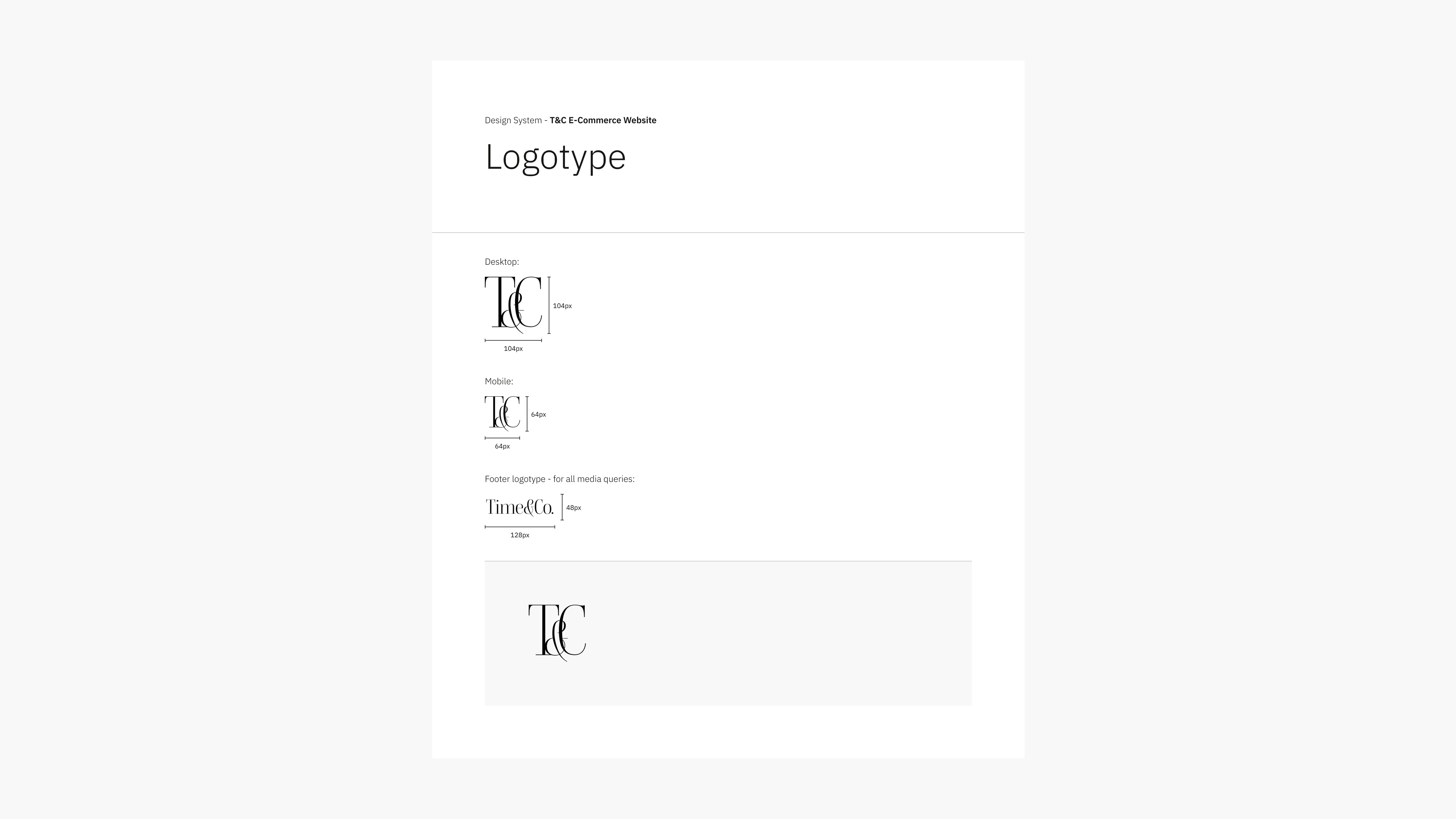A minimalist logo design screen displaying variations of a 'T&C' logotype. It features different sizes of the logotypes used for the website design.