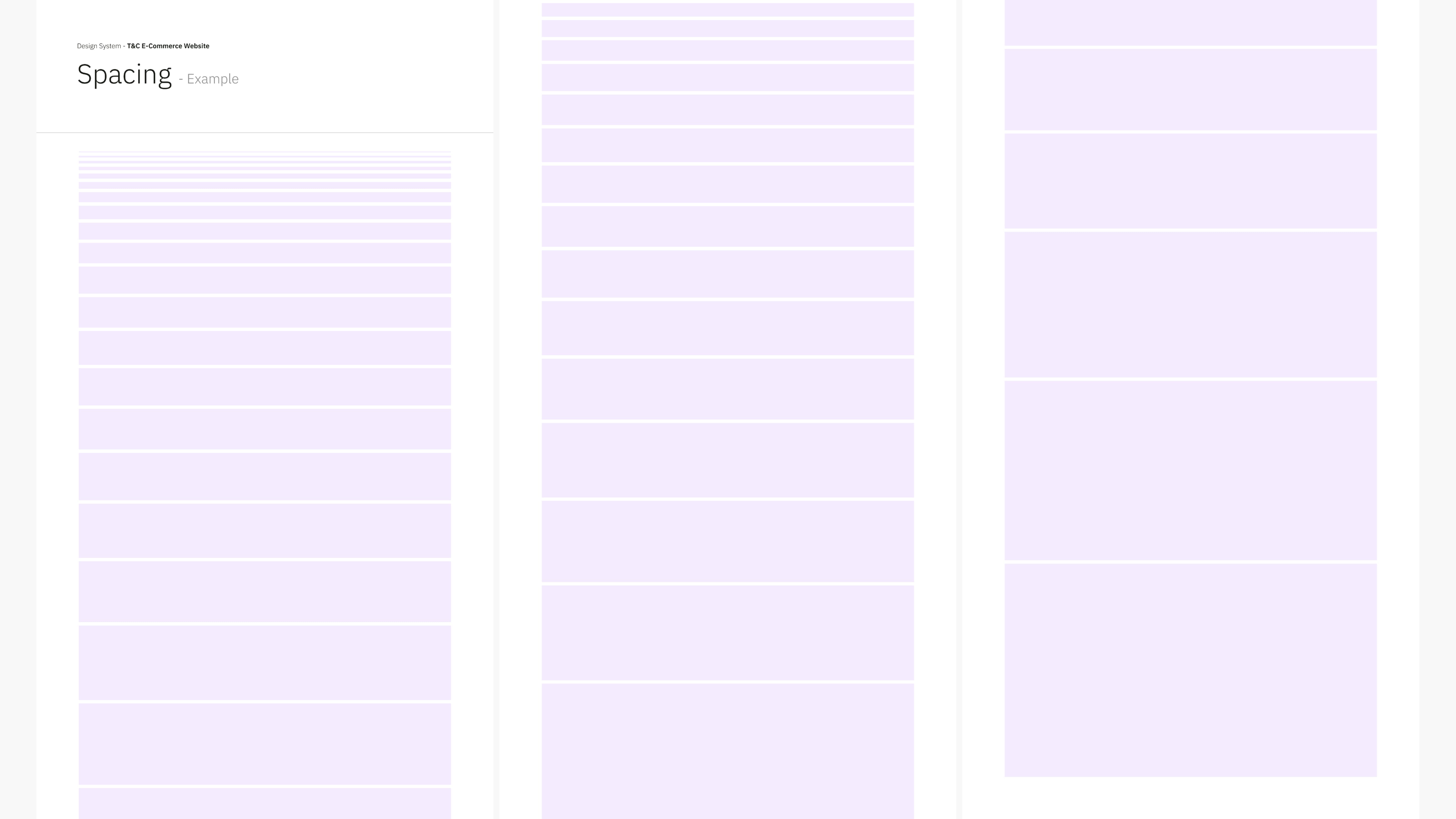 Three vertical columns display different spacing heights of purple rectangles on a white background. The title 'Spacing - Example' appears in the top left.