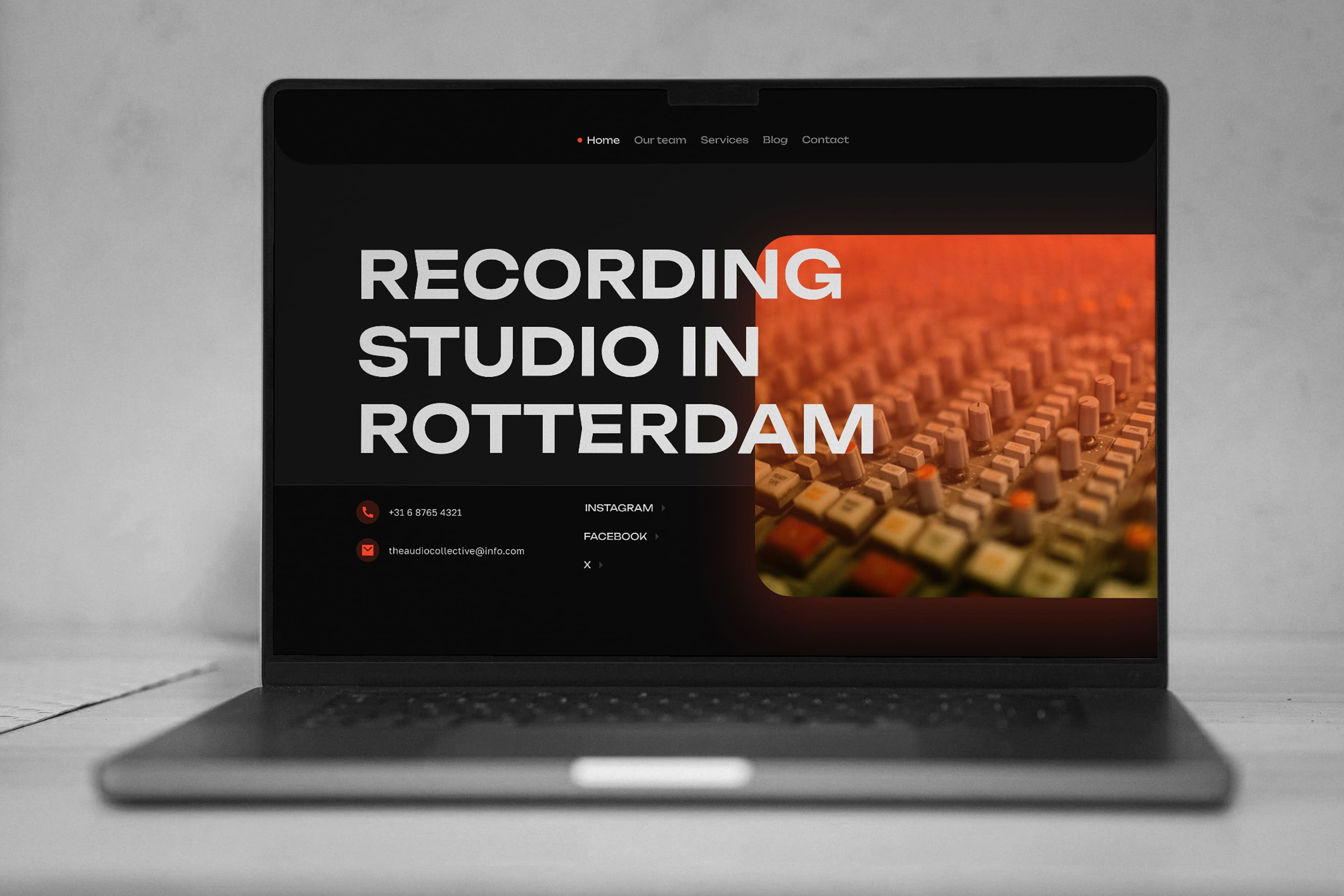 Laptop screen displaying a website titled Recording Studio in Rotterdam with an image of an audio mixer. Menu options and contact details are visible, conveying a professional tone.
