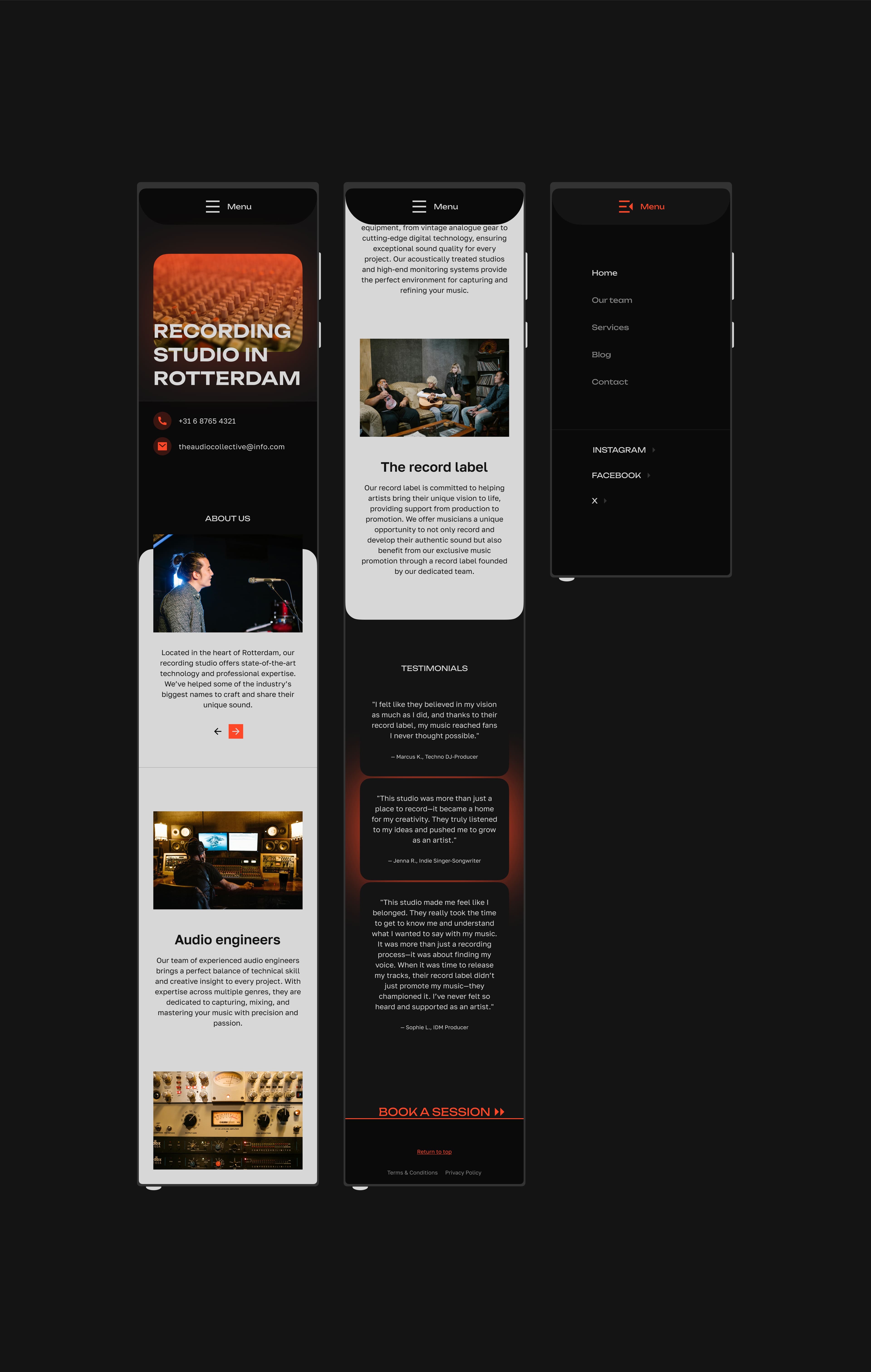 Three mobile screens display a recording studio's website in Rotterdam. The first screen highlights services and images of people recording, the second features a band and text about the record label, and the third shows menu options with a dark theme. The layout is sleek and modern.