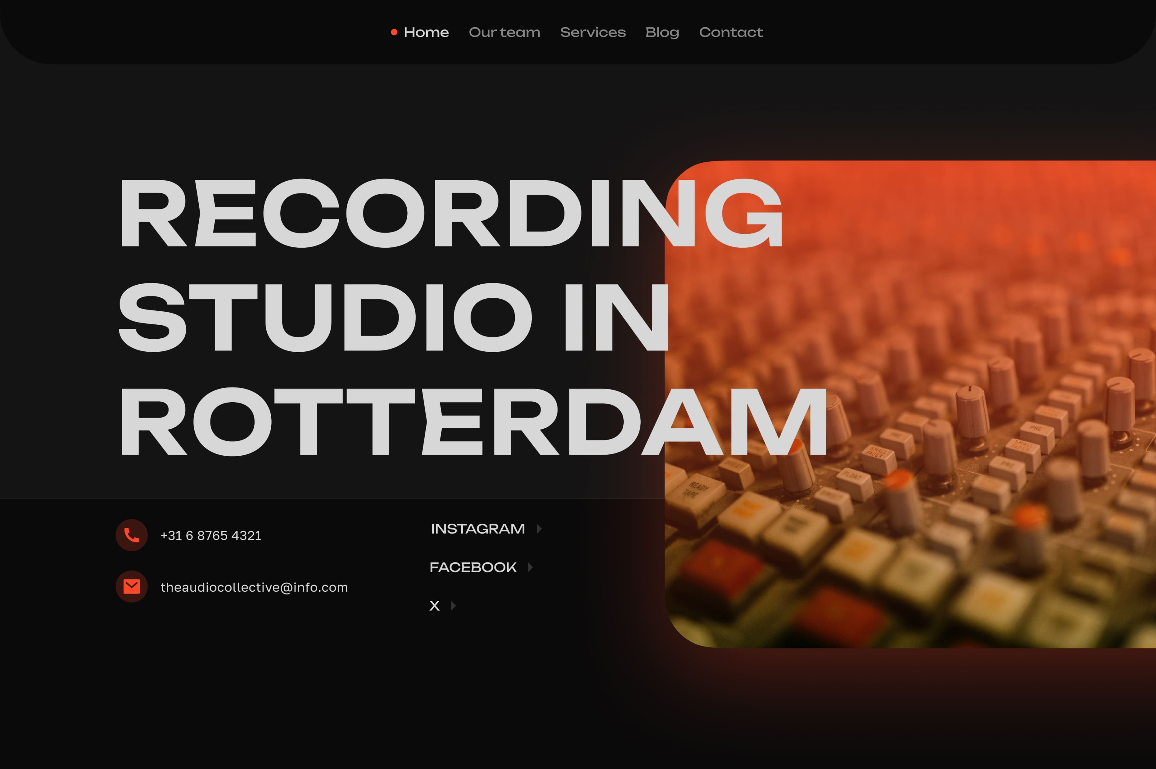 Dark-themed website displaying 'Recording Studio in Rotterdam' text over a close-up of a sound mixing console. Contact details and social media links are visible.