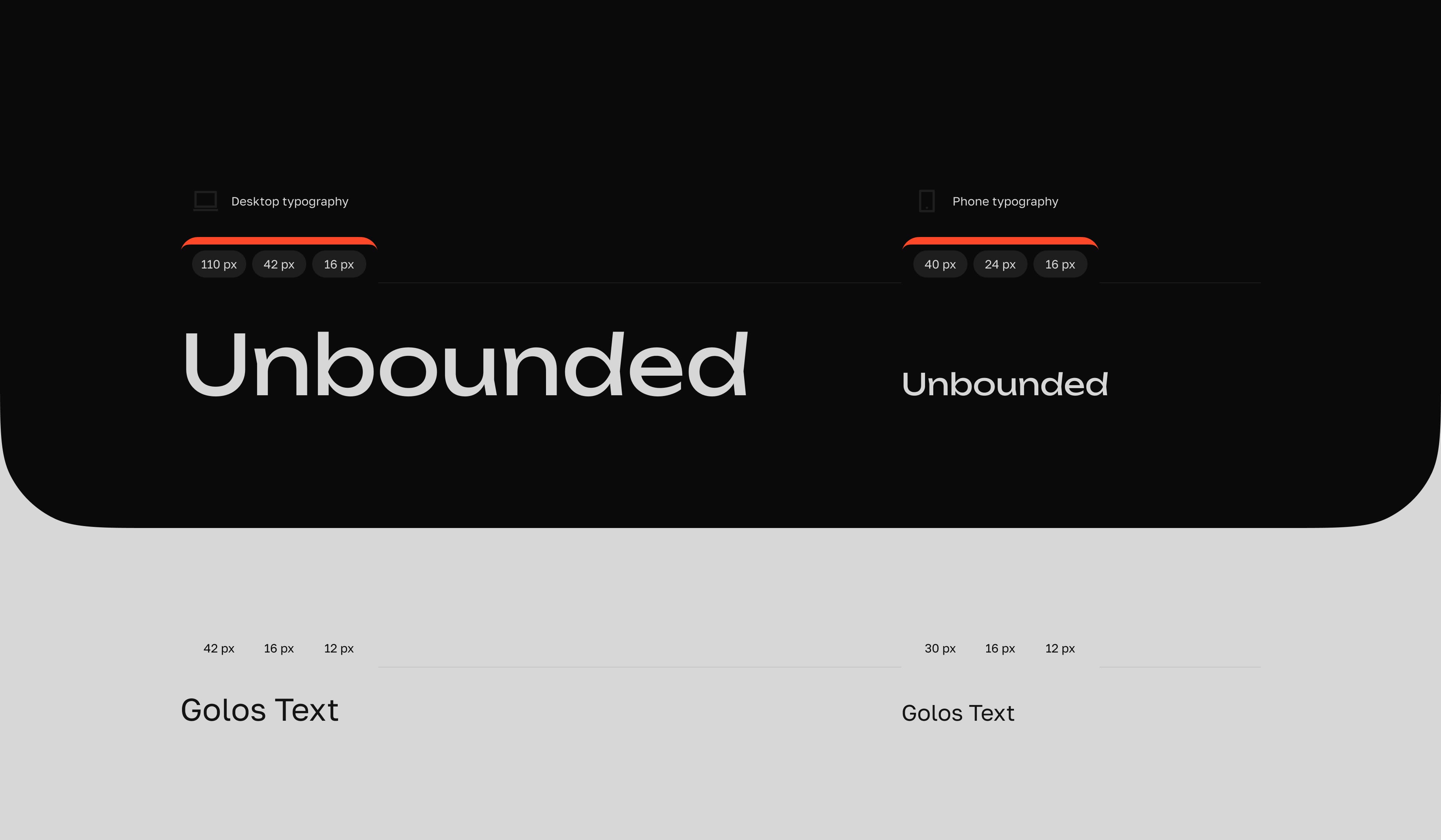 Contrast-heavy image showcasing the word 'Unbounded' in bold and regular styles on black and gray backgrounds. Also includes 'Golos Text' in varying font sizes below.